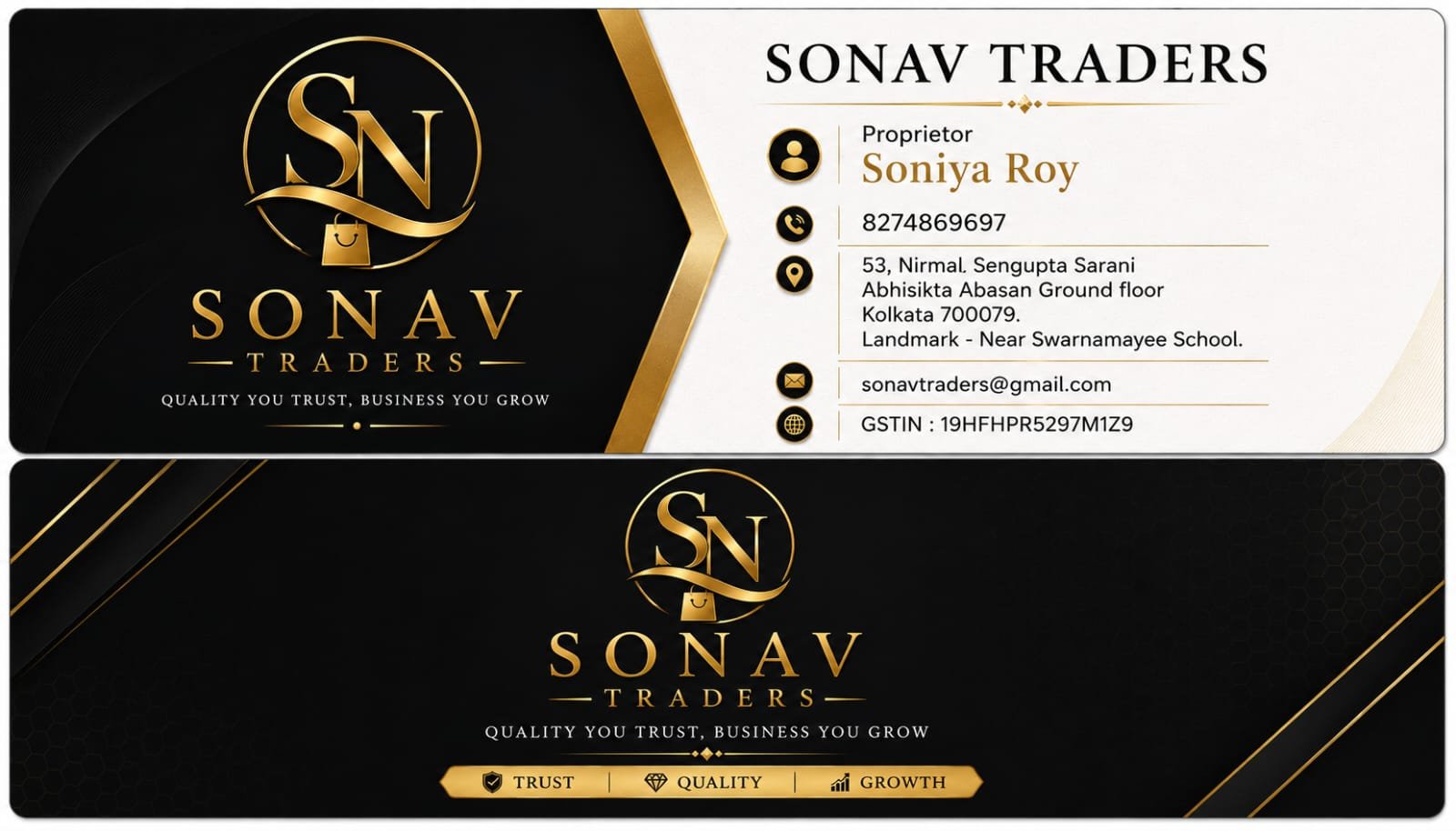 Sonav Traders business card
